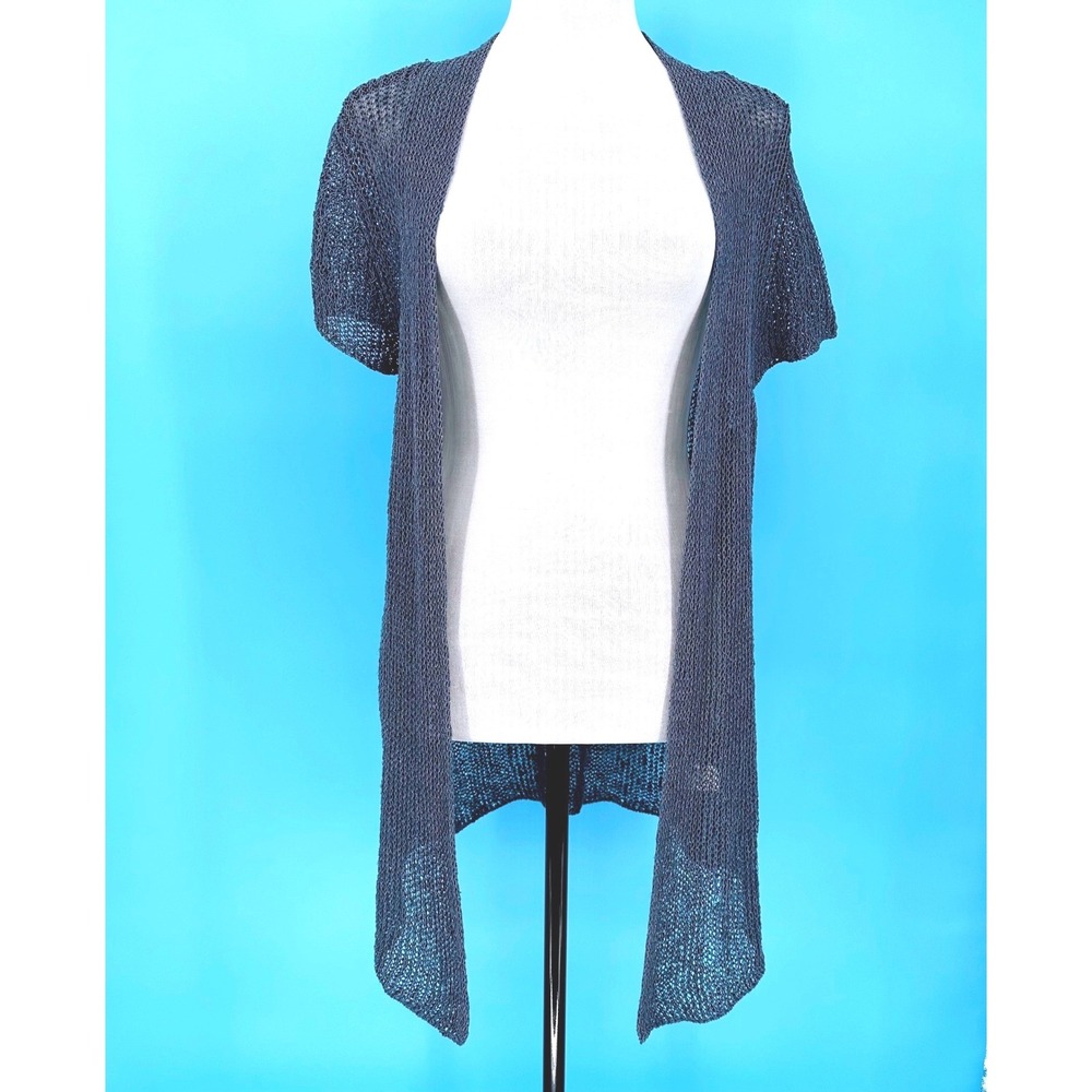 Coldwater Creek Womens Slate Blue Linen Blend Open Knit Short‎ Sleeve Cardigan L